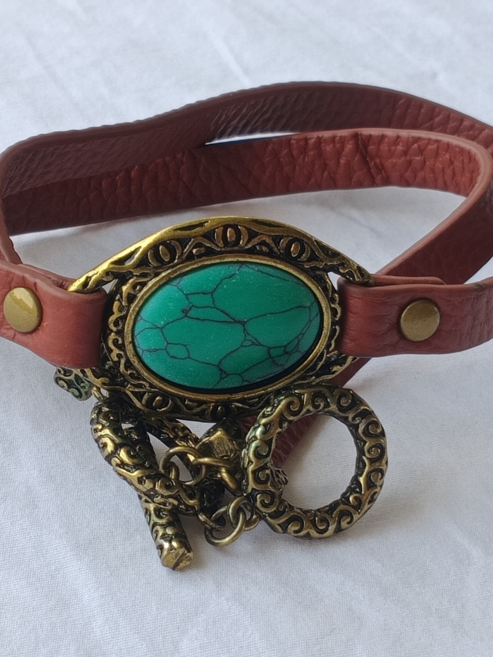 Turquoise Stone Wrap Bracelet - Brown Leather